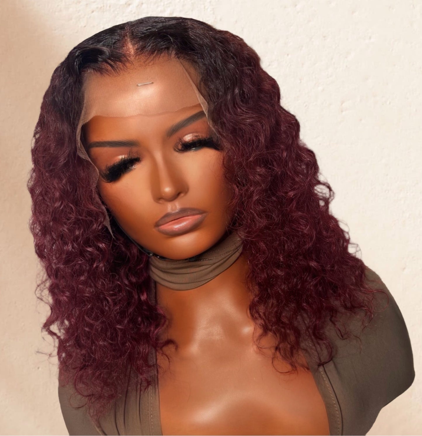 Luxury 13x4 Burgundy curly Virgin Human Hair frontal Wig in natural black for women