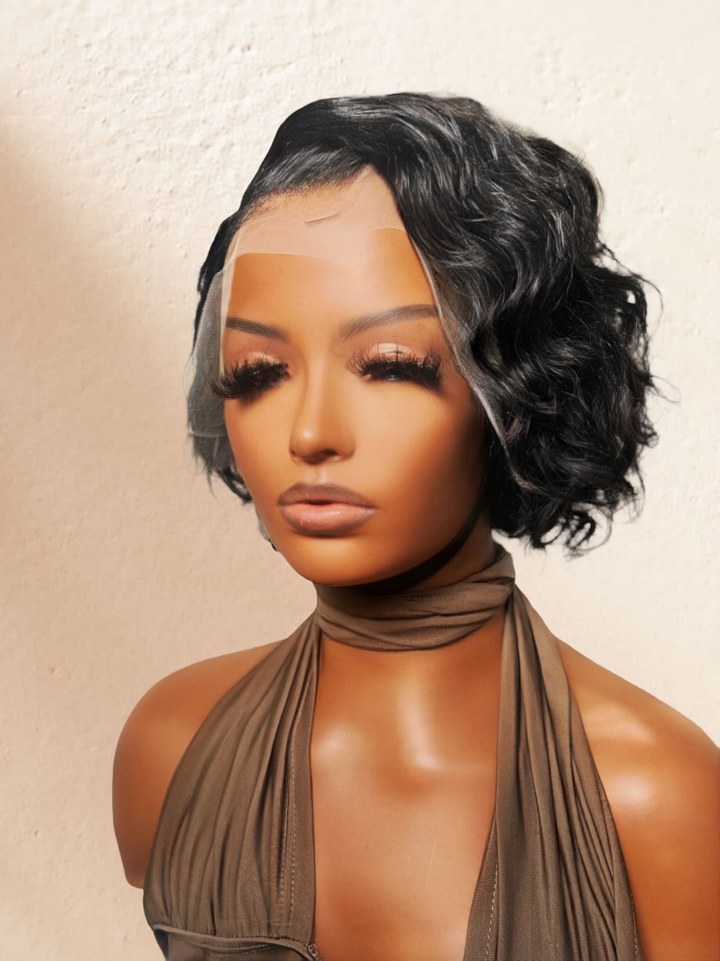 Luxury 13x4 short curly Virgin Human Hair frontal Wig in natural black for women